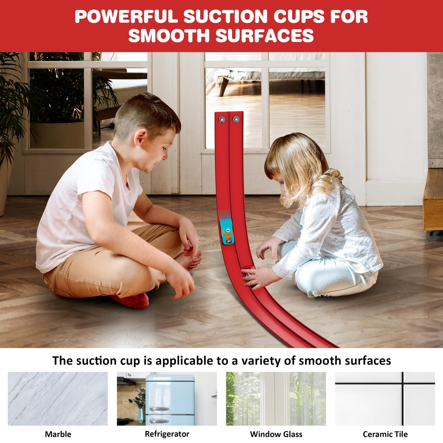 Anoozo 16 Ft Flexible Race Car Ramp Track – Suction Cup Two-Lane Playset for 1/50 Diecast Cars | Portable Racing Red