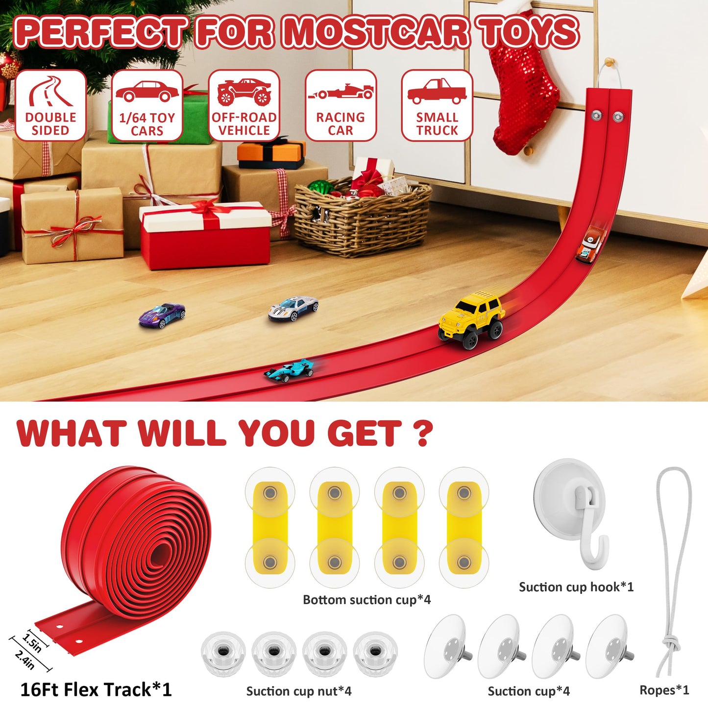 Anoozo 16 Ft Flexible Race Car Ramp Track – Suction Cup Two-Lane Playset for 1/50 Diecast Cars | Portable Racing Red