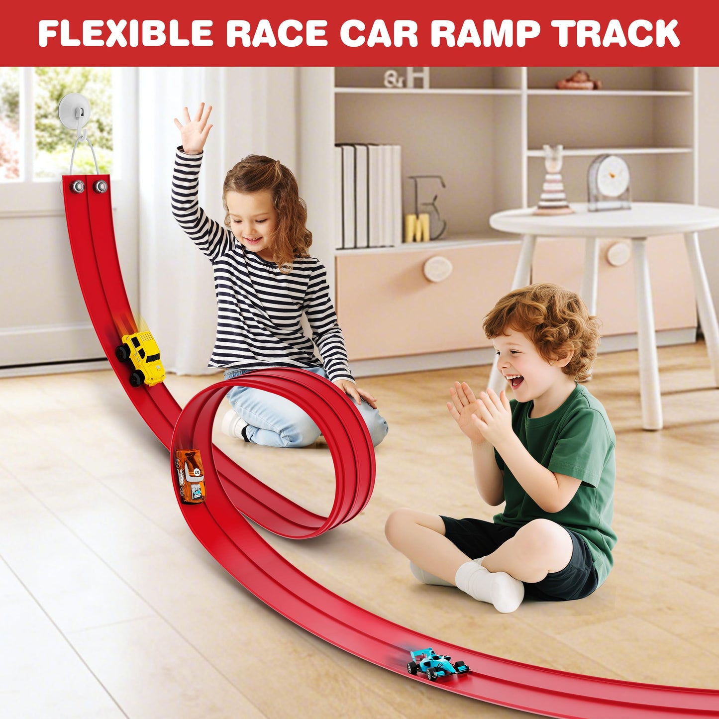 Anoozo 16 Ft Flexible Race Car Ramp Track – Suction Cup Two-Lane Playset for 1/50 Diecast Cars | Portable Racing Red