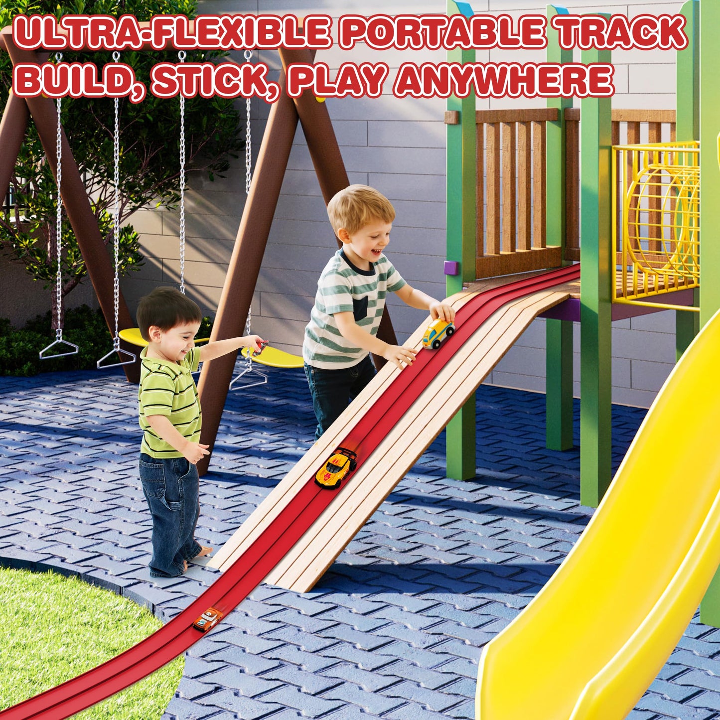 Anoozo 16 Ft Flexible Race Car Ramp Track – Suction Cup Two-Lane Playset for 1/50 Diecast Cars | Portable Racing Red