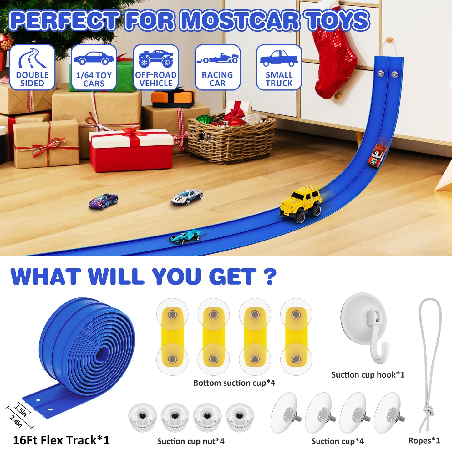 Anoozo 16 Ft Flexible Race Car Ramp Track – Suction Cups, Roll-Up Portable Racing Blue