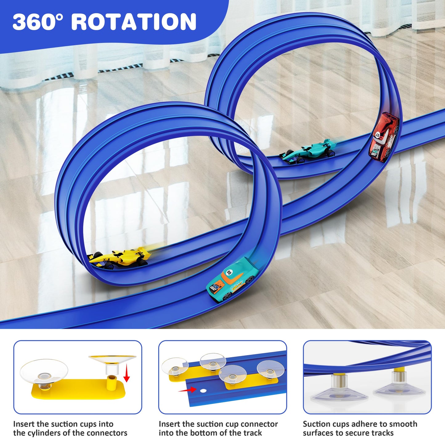 Anoozo 16 Ft Flexible Race Car Ramp Track – Suction Cups, Roll-Up Portable Racing Blue