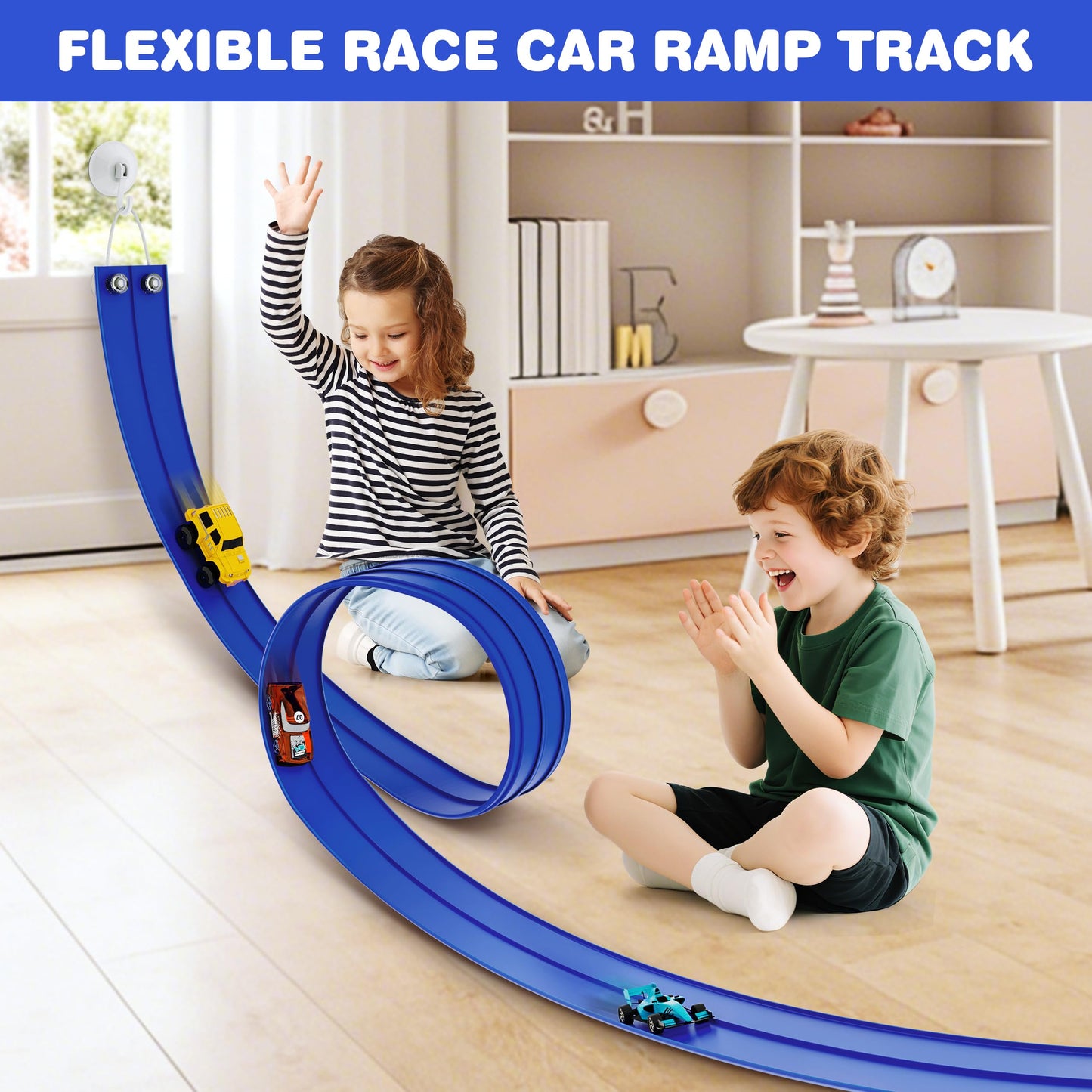 Anoozo 16 Ft Flexible Race Car Ramp Track – Suction Cups, Roll-Up Portable Racing Blue