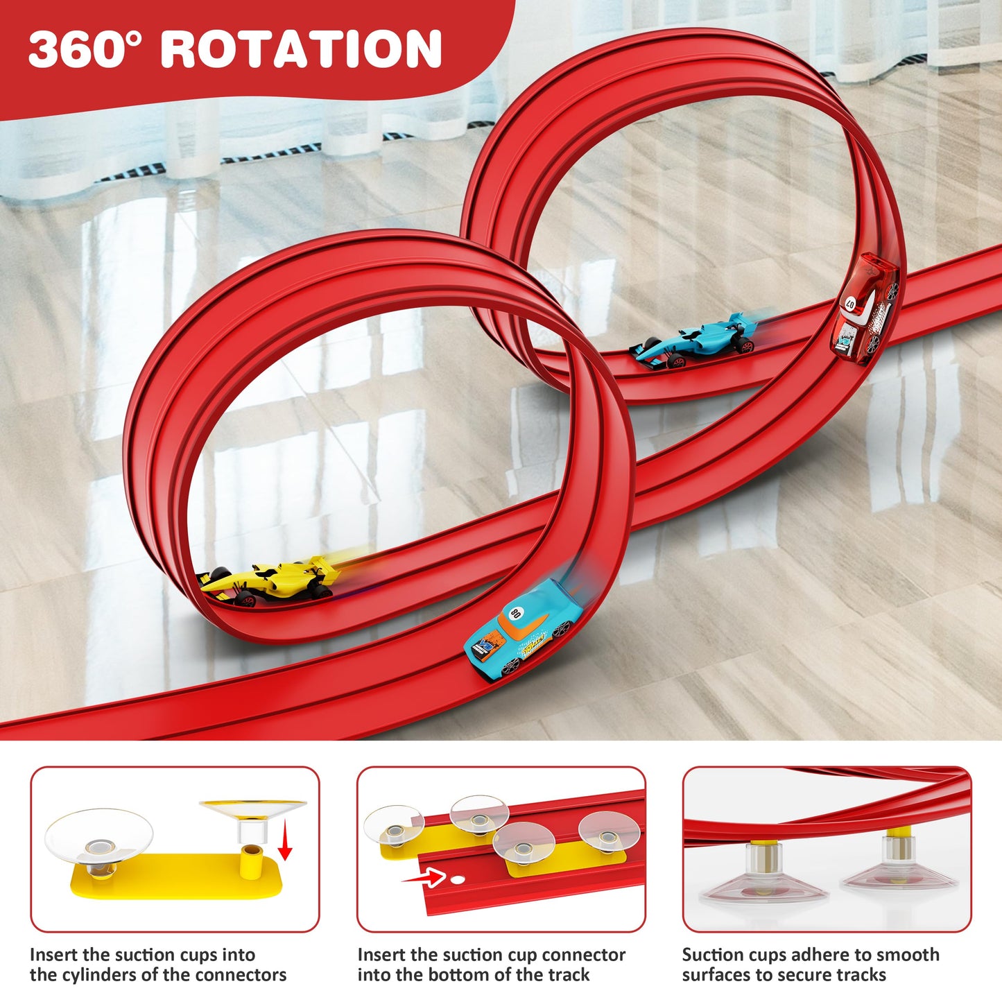 Anoozo 16 Ft Flexible Race Car Ramp Track – Suction Cup Two-Lane Playset for 1/50 Diecast Cars | Portable Racing Red