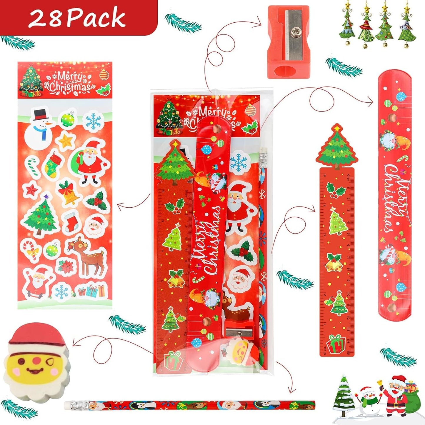 ANPHILE 28 Pack Christmas Stationery Party Favors for Classrooms – Pencils, Erasers, Rulers, Stickers & Gift Bags