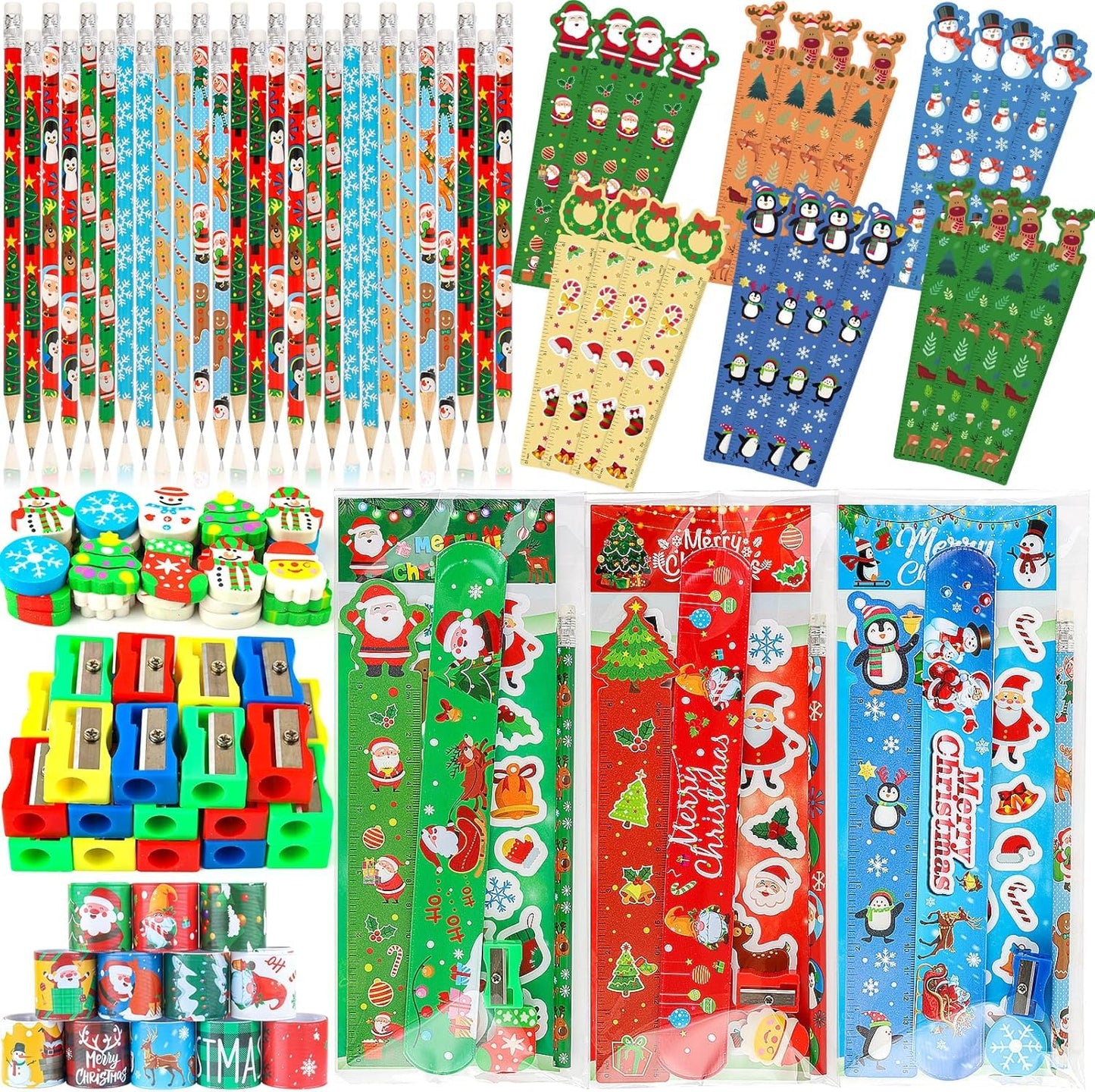 ANPHILE 28 Pack Christmas Stationery Party Favors for Classrooms – Pencils, Erasers, Rulers, Stickers & Gift Bags