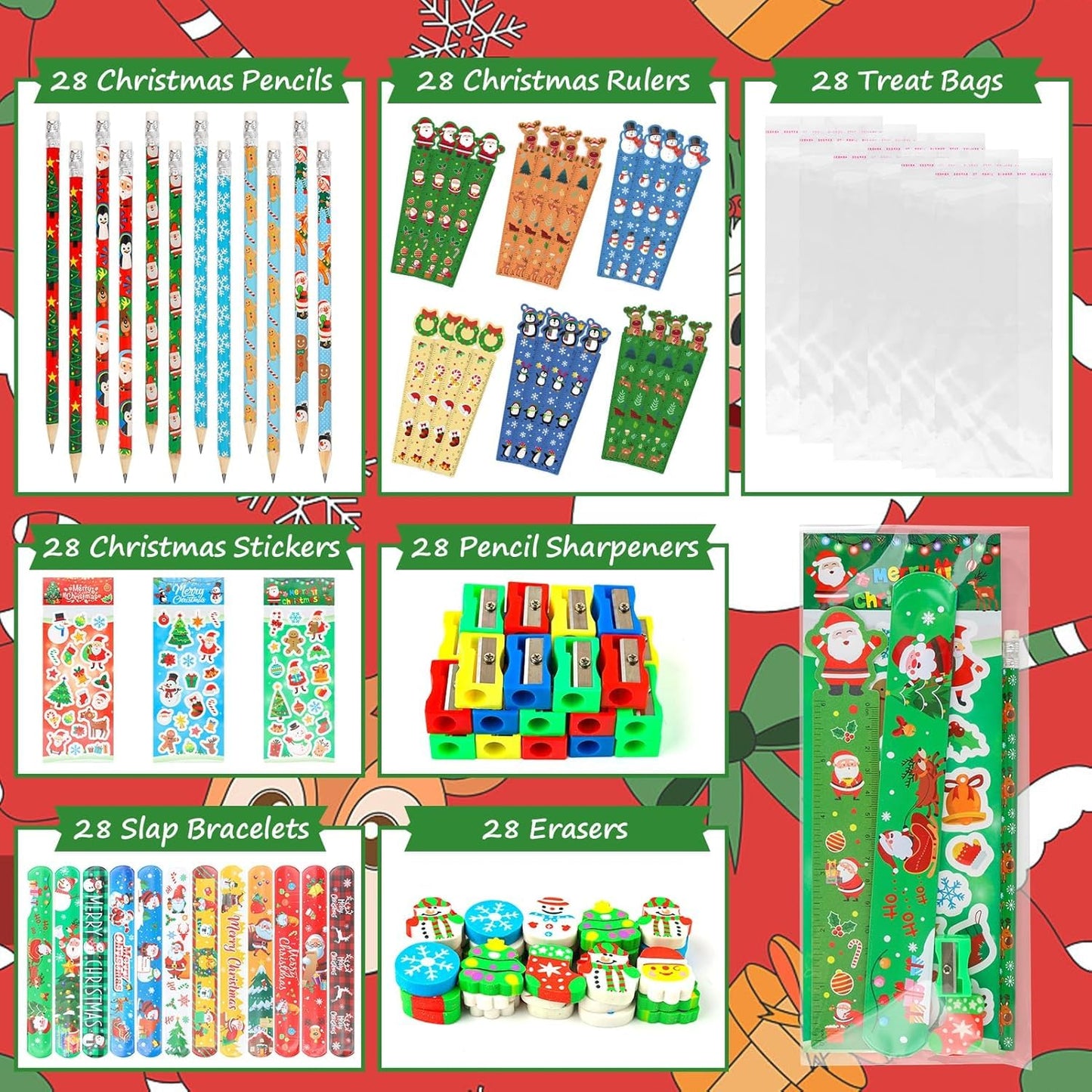 ANPHILE 28 Pack Christmas Stationery Party Favors for Classrooms – Pencils, Erasers, Rulers, Stickers & Gift Bags