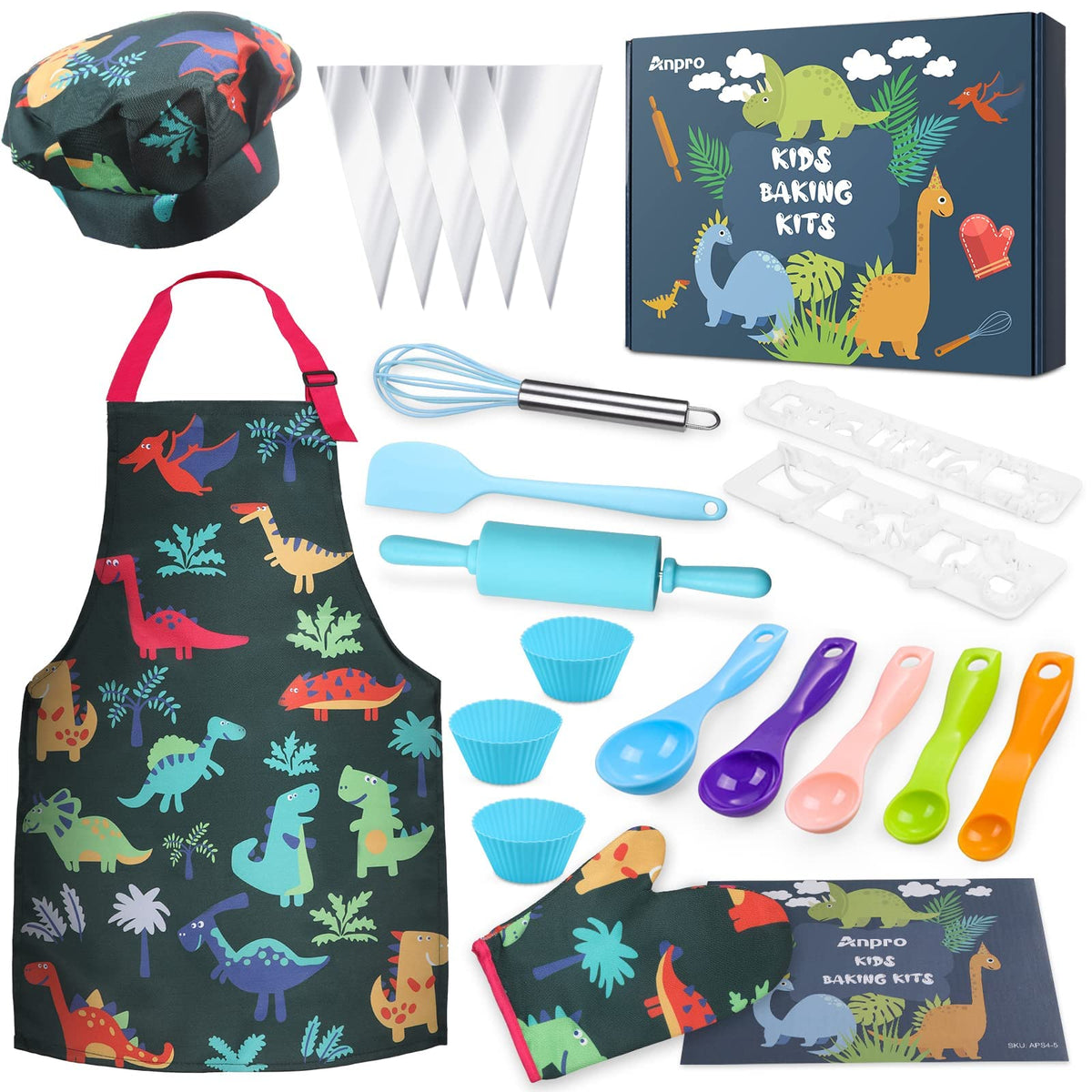 Anpro 27-Piece Kids Cooking Set for Ages 3-7 | Apron, Hat, Mitts & Utensils