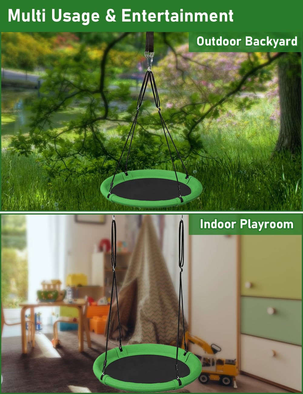 Ansionsol 24-Inch Saucer Tree Swing Set – Adjustable Backyard Swing for Kids & Adults (Green & Black)