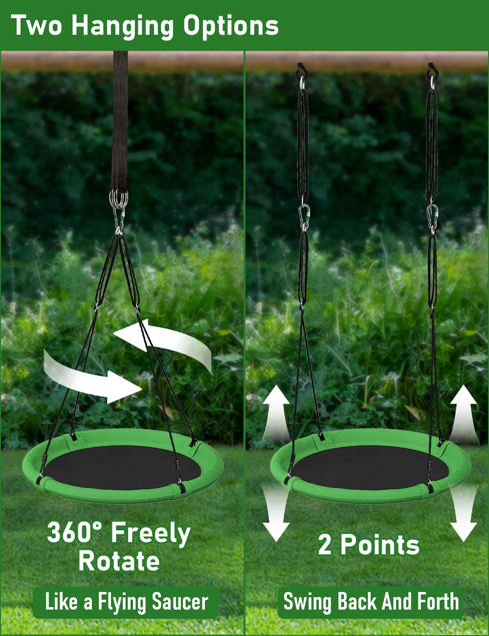 Ansionsol 40-Inch Saucer Swing Set for Kids & Adults – Adjustable Outdoor Swing, Green & Black