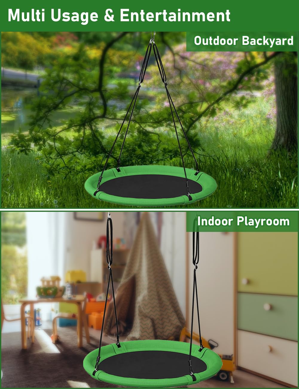 Ansionsol 40-Inch Saucer Swing Set for Kids & Adults – Adjustable Outdoor Swing, Green & Black