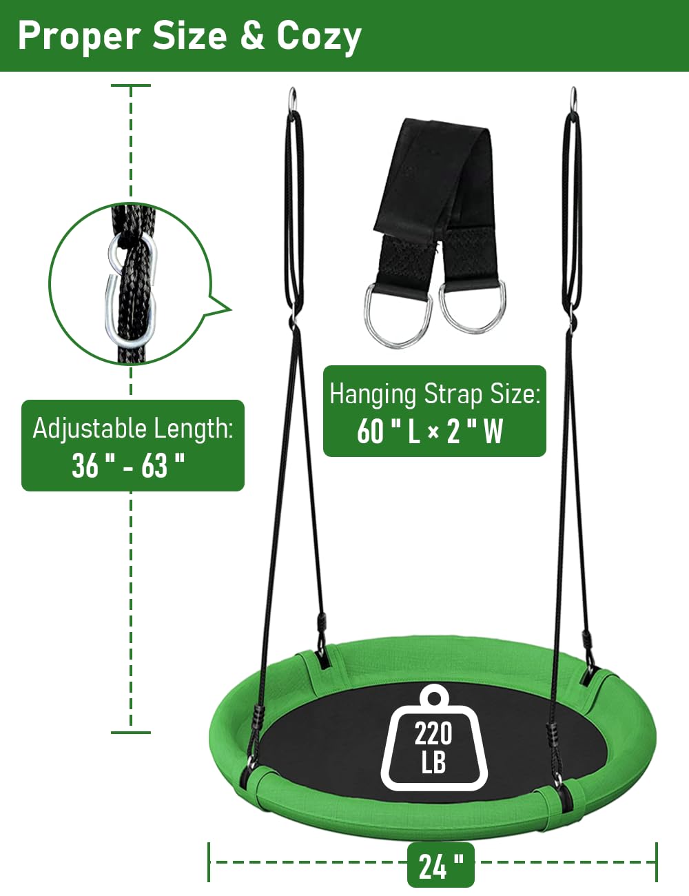 Ansionsol 24-Inch Saucer Tree Swing Set – Adjustable Backyard Swing for Kids & Adults (Green & Black)