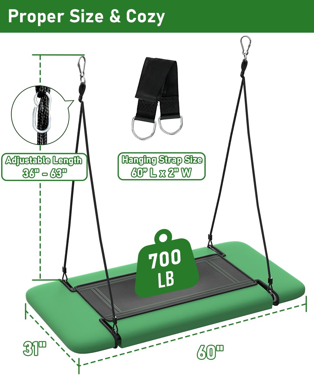 Ansionsol 60in Rectangular Tree Swing – 700 lbs, Adjustable Platform, Indoor/Outdoor (Green & Black)