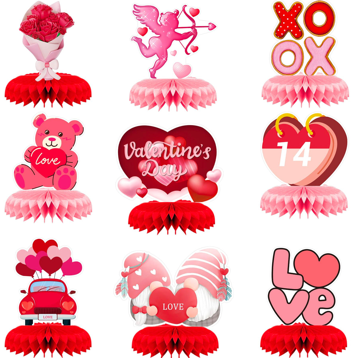 Ansoufien 9-Piece Pink Valentines Honeycomb Centerpieces | Table Decor