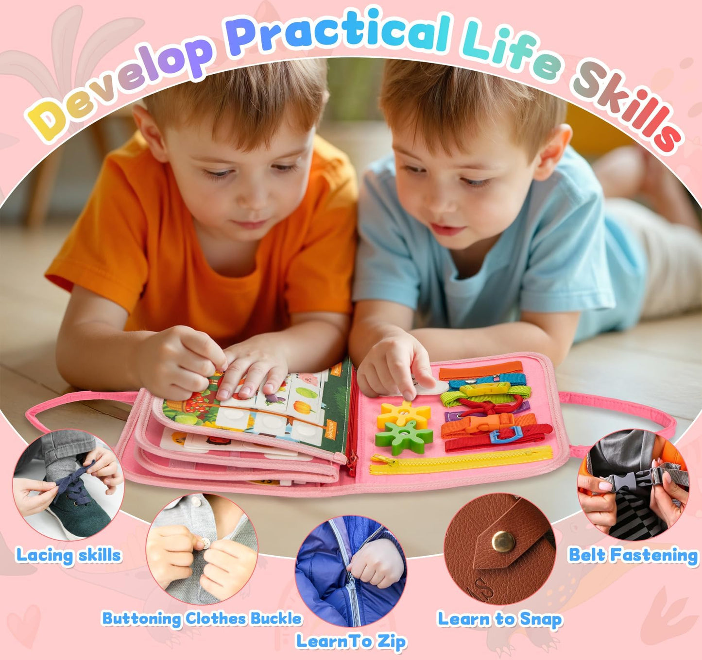 Anstore Busy Board Montessori Toys for Toddlers 1-3 – Pink Felt Travel Busy Book