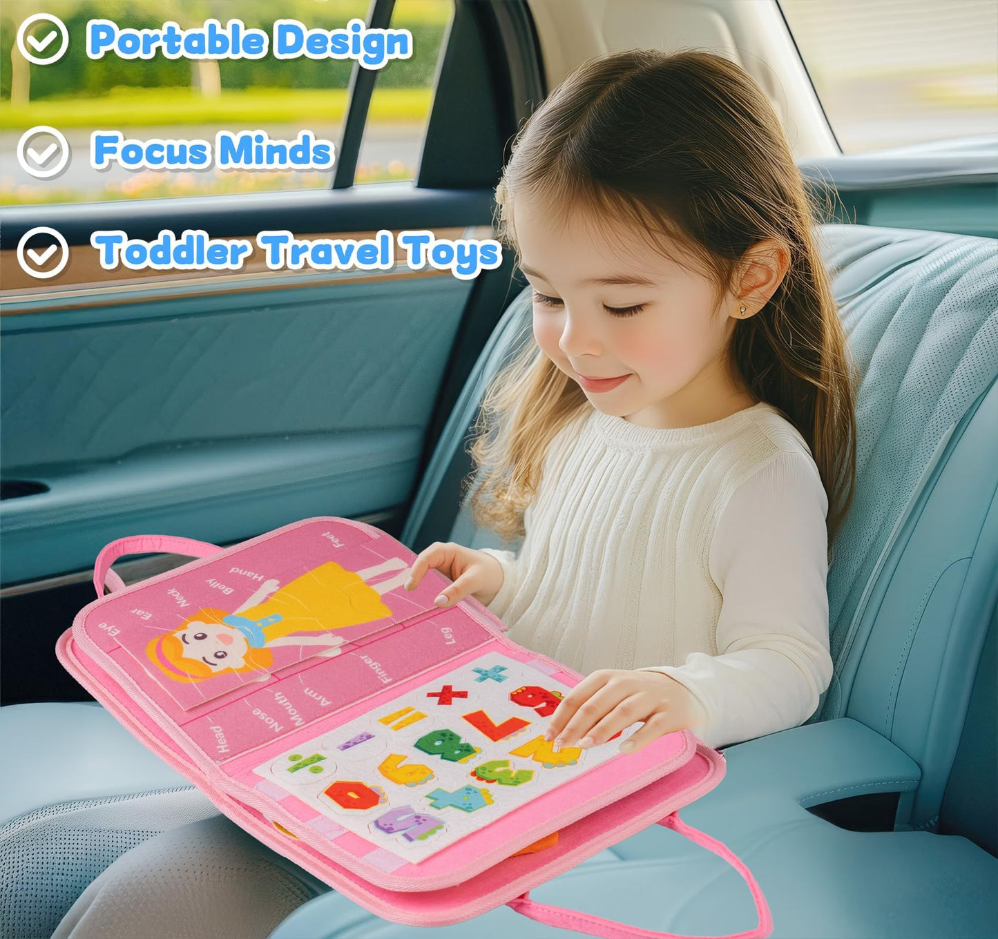 Anstore Busy Board Montessori Toys for Toddlers 1-3 – Pink Felt Travel Busy Book