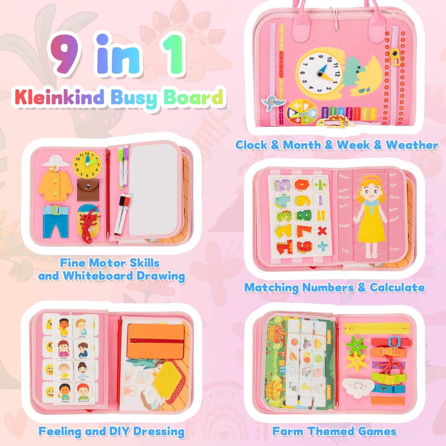Anstore Busy Board Montessori Toys for Toddlers 1-3 – Pink Felt Travel Busy Book