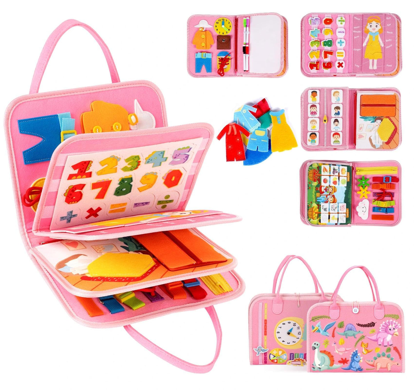 Anstore Busy Board Montessori Toys for Toddlers 1-3 – Pink Felt Travel Busy Book