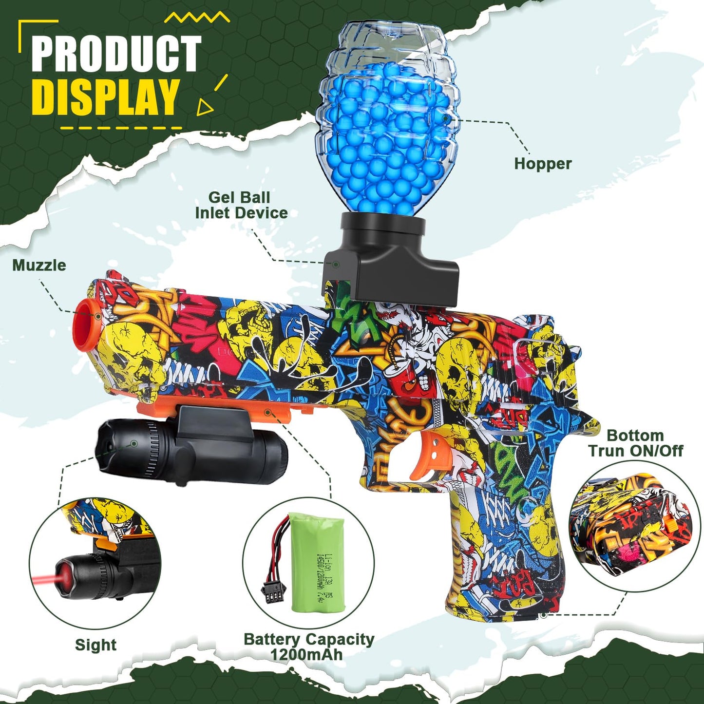 Anstoy Electric Gel Gun Blaster – Camo Splat Toy with Goggles, High-Capacity Hopper, Aiming Light