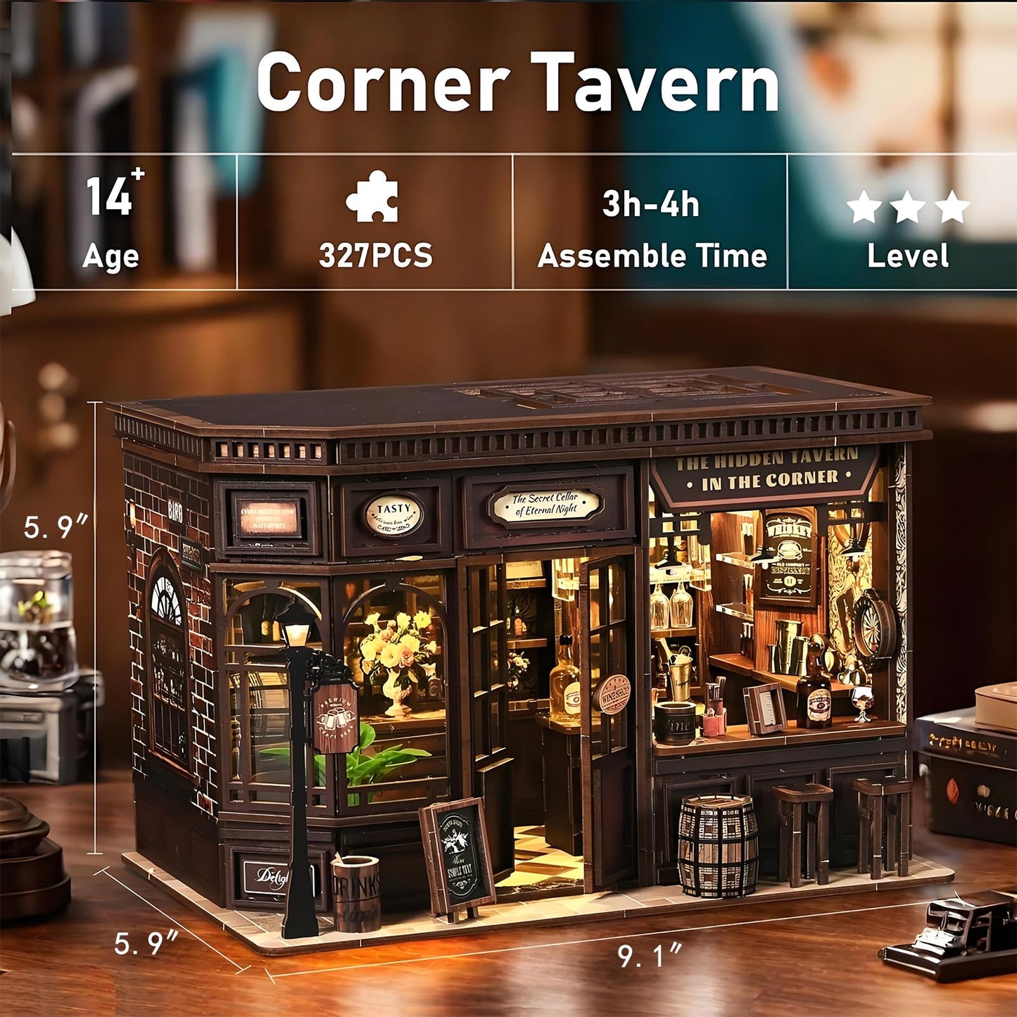 ANTREATU DIY Miniature House Kit – Corner Tavern with LED Light