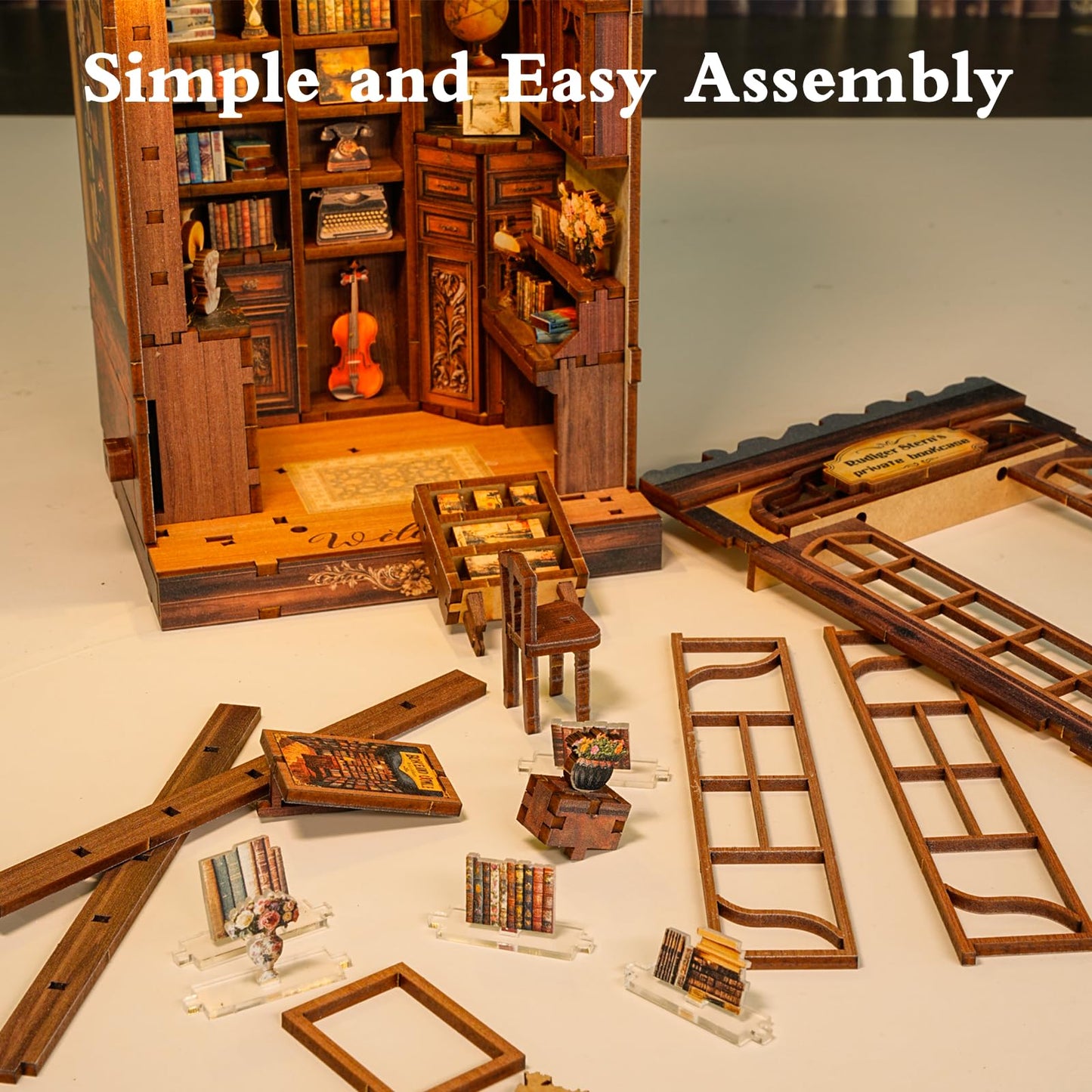 ANTREATU DIY Miniature Library Nook Kit with LED Light | 3D Wooden Puzzle for Adults