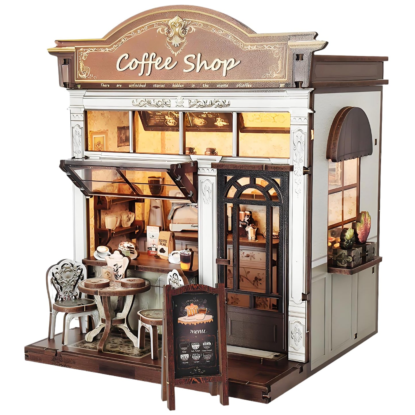 ANTREATU DIY Miniature Coffee Shop Kit – 3D Wooden Dollhouse with LED Light