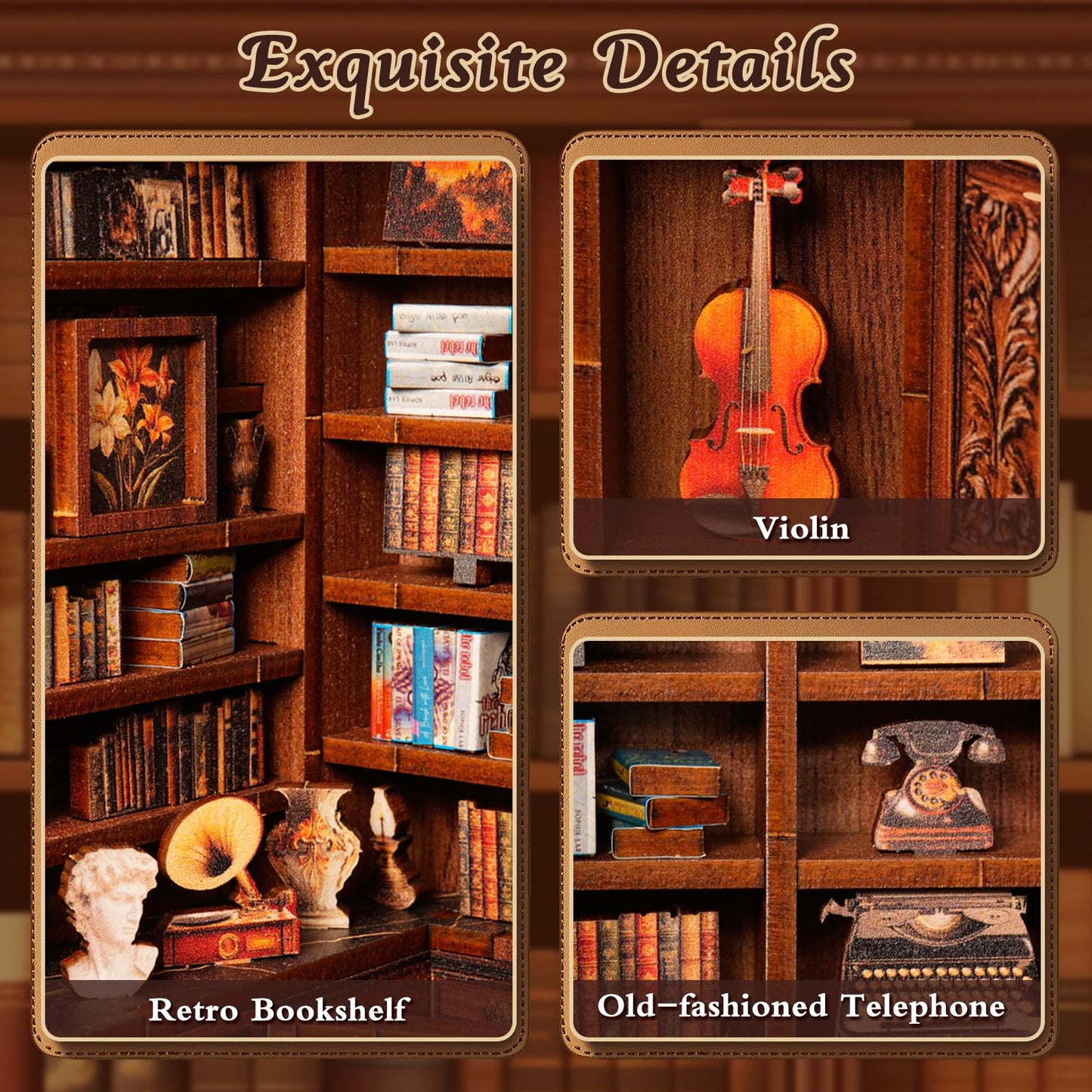 ANTREATU DIY Miniature Library Nook Kit with LED Light | 3D Wooden Puzzle for Adults