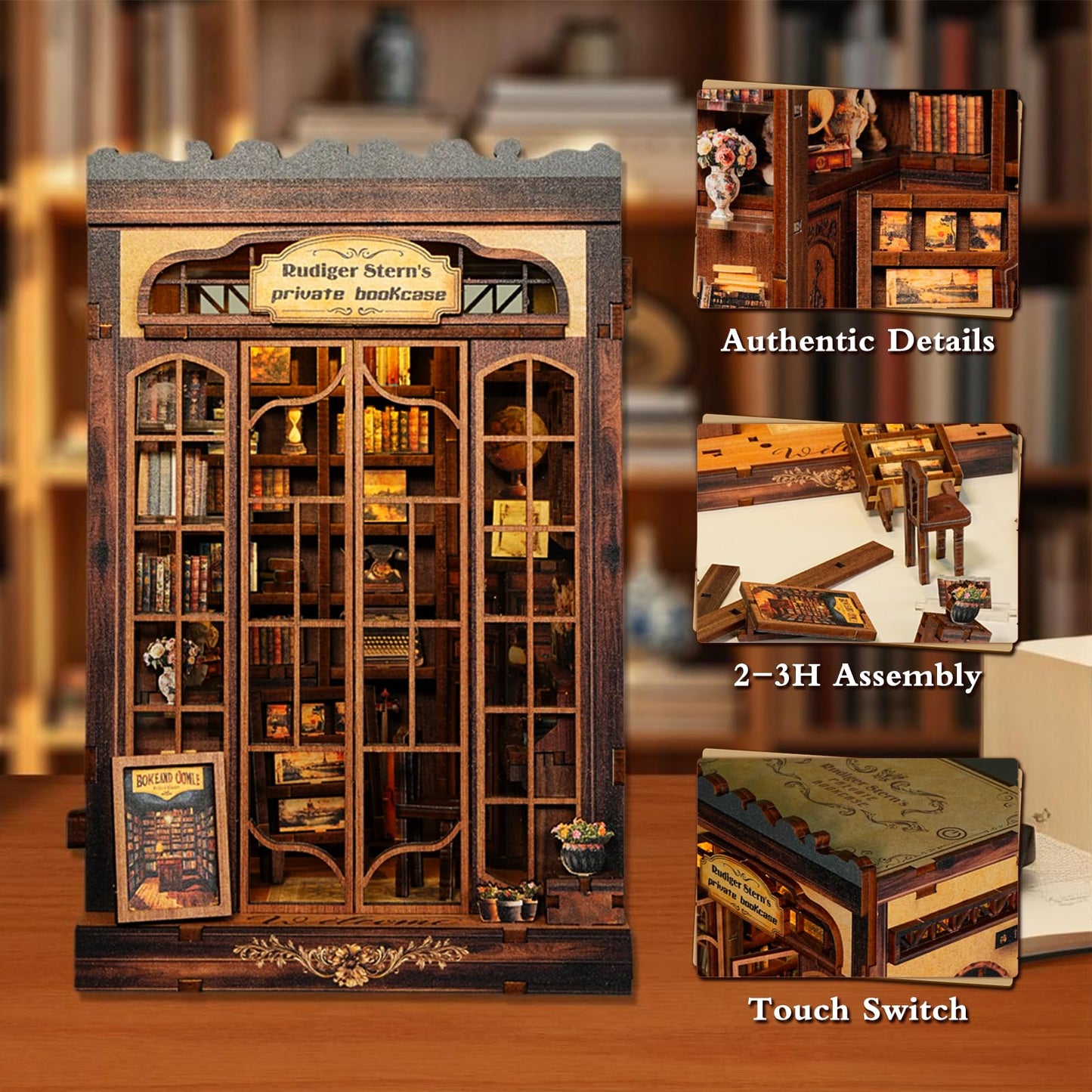 ANTREATU DIY Miniature Library Nook Kit with LED Light | 3D Wooden Puzzle for Adults