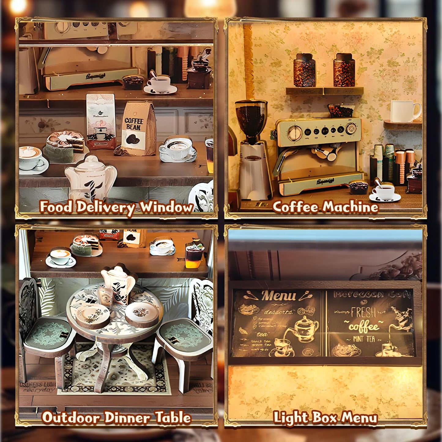 ANTREATU DIY Miniature Coffee Shop Kit – 3D Wooden Dollhouse with LED Light