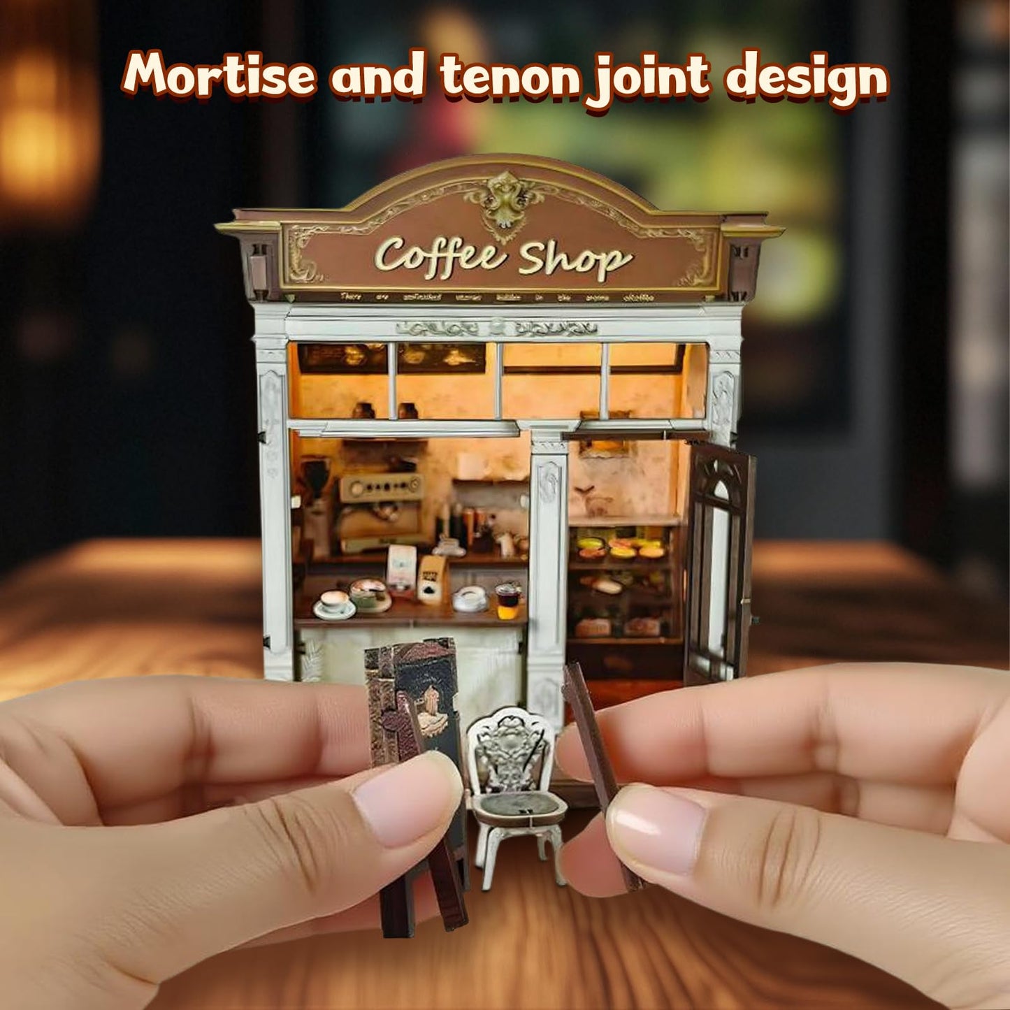 ANTREATU DIY Miniature Coffee Shop Kit – 3D Wooden Dollhouse with LED Light
