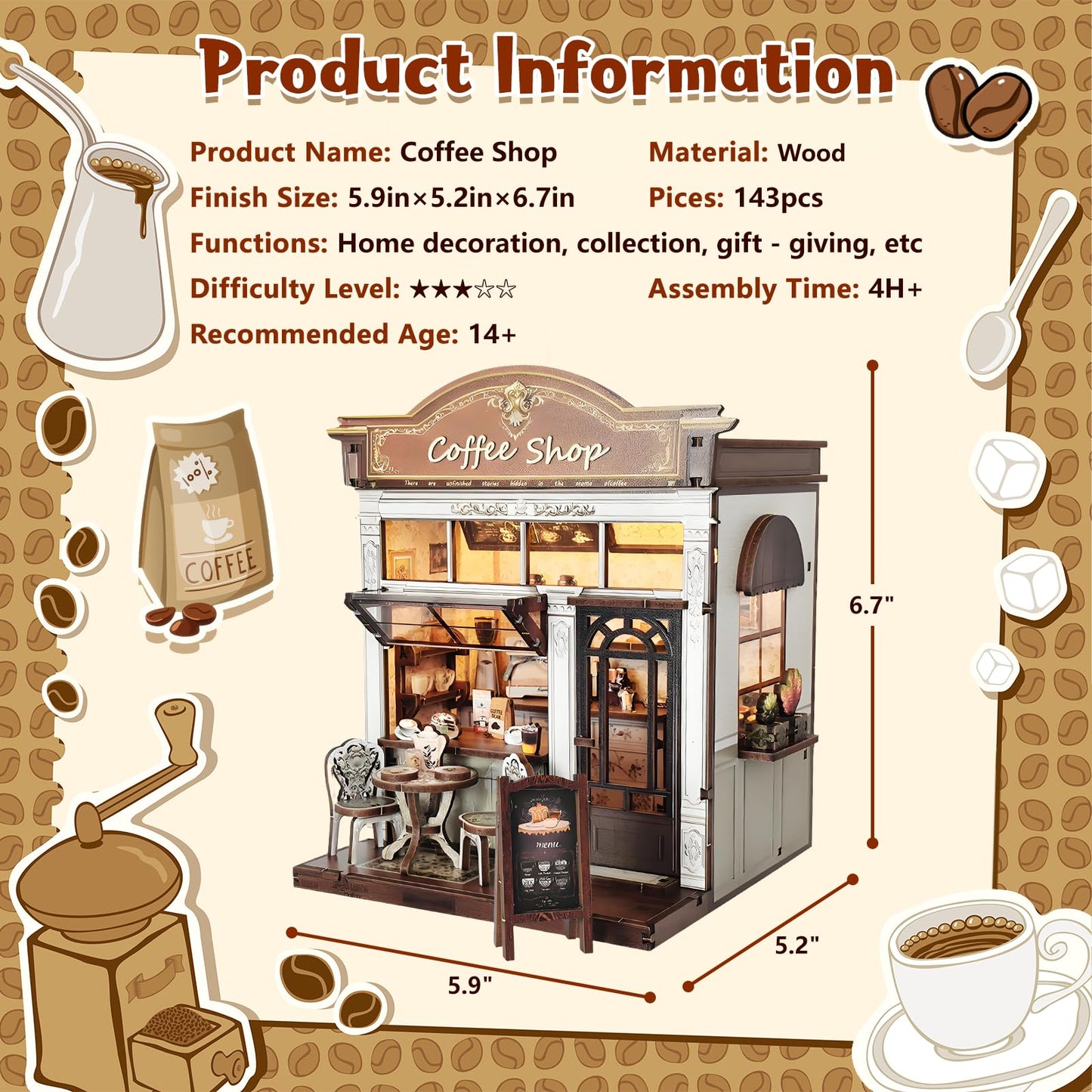 ANTREATU DIY Miniature Coffee Shop Kit – 3D Wooden Dollhouse with LED Light