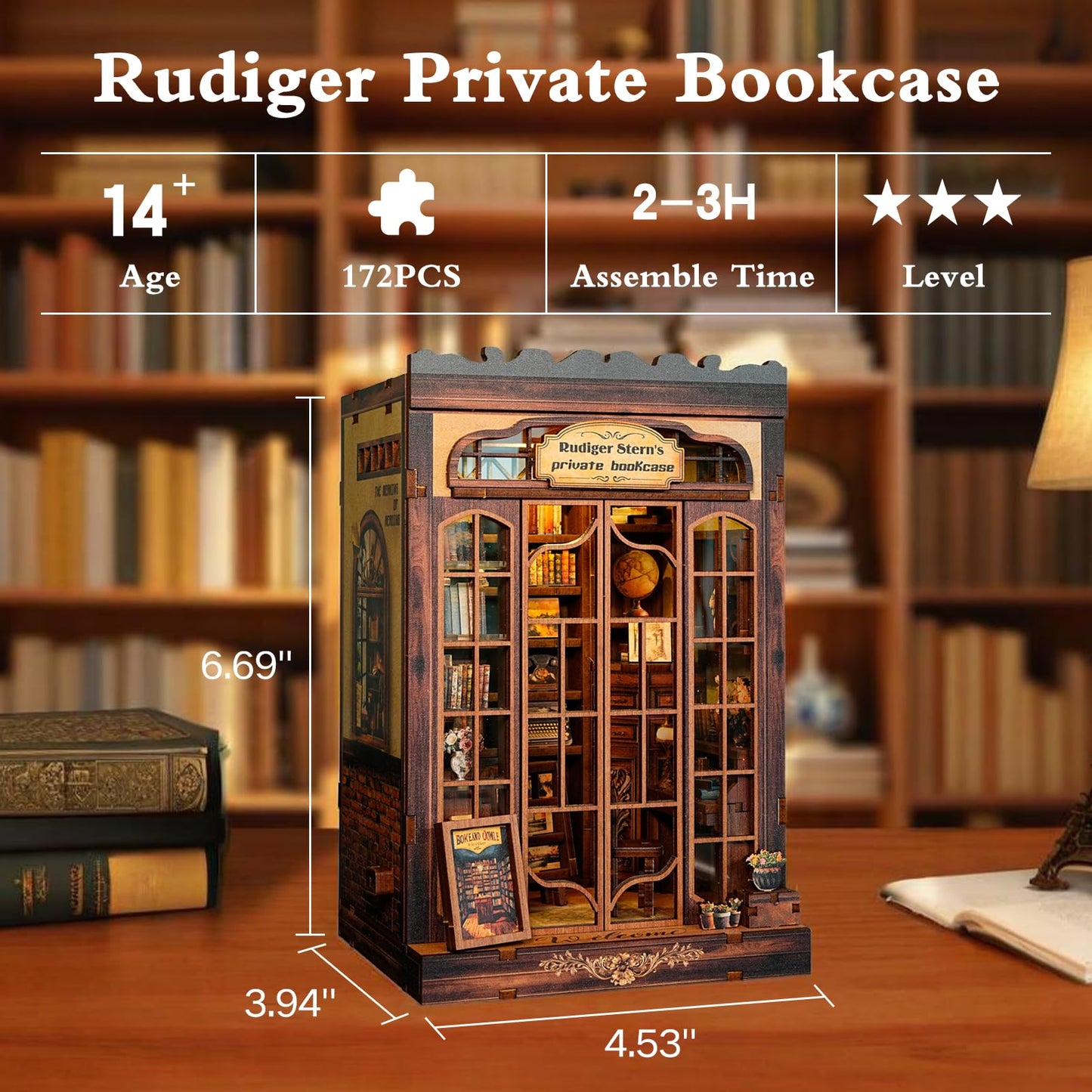 ANTREATU DIY Miniature Library Nook Kit with LED Light | 3D Wooden Puzzle for Adults