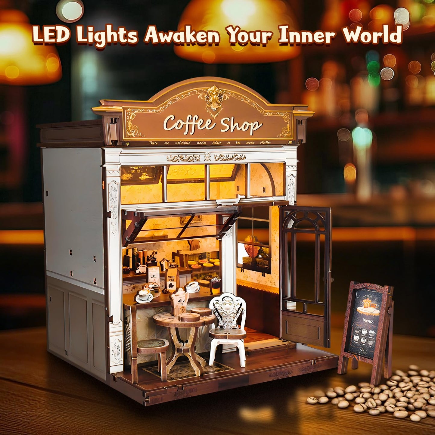 ANTREATU DIY Miniature Coffee Shop Kit – 3D Wooden Dollhouse with LED Light