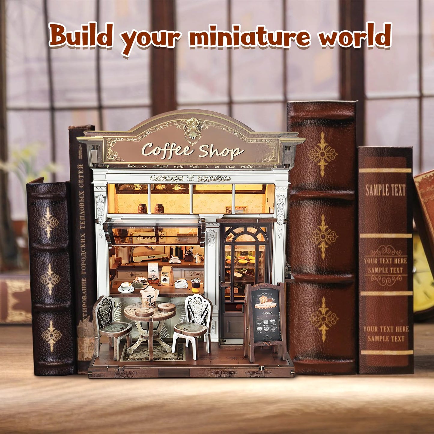ANTREATU DIY Miniature Coffee Shop Kit – 3D Wooden Dollhouse with LED Light