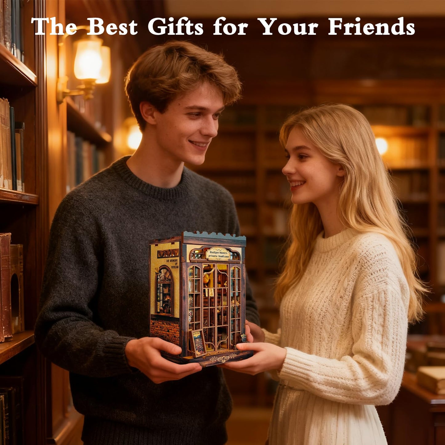 ANTREATU DIY Miniature Library Nook Kit with LED Light | 3D Wooden Puzzle for Adults