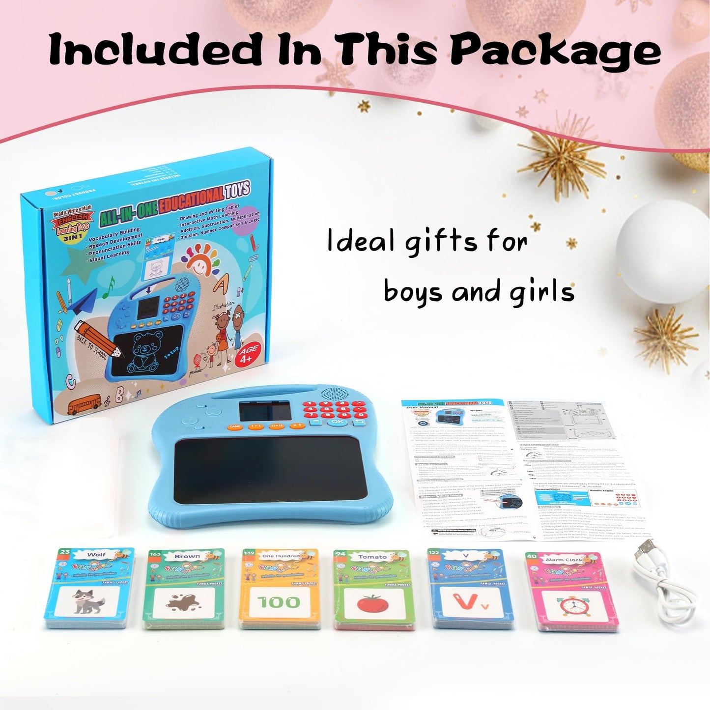 ANTUMKDS 3-in-1 Kids Learning Tablet: Math Games, Talking Flash Cards & LCD Drawing Pad
