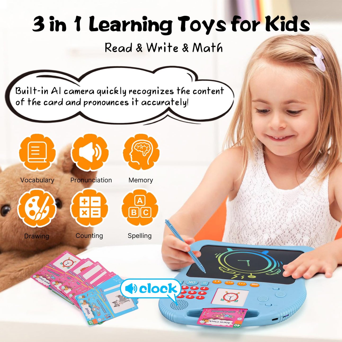 ANTUMKDS 3-in-1 Kids Learning Tablet: Math Games, Talking Flash Cards & LCD Drawing Pad