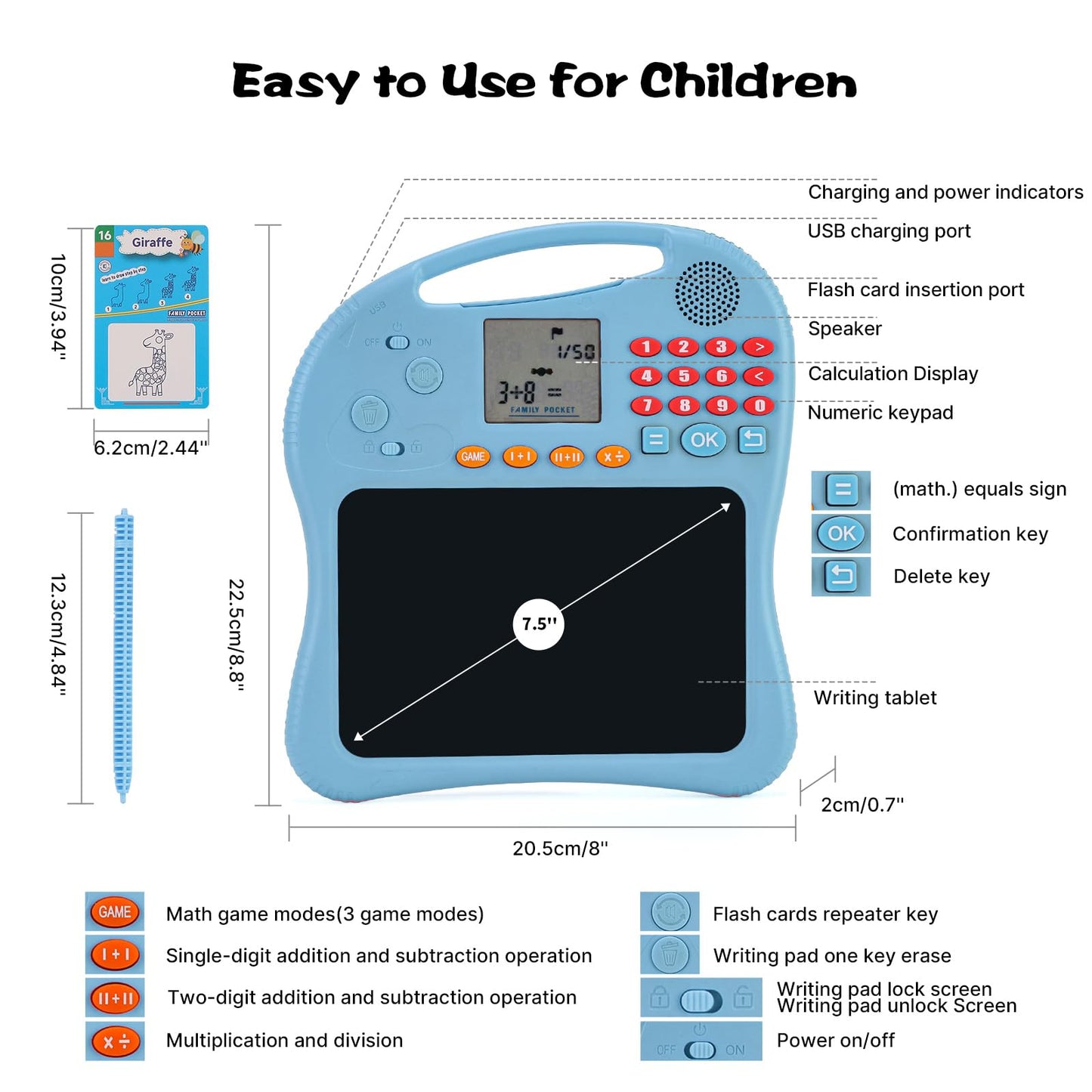 ANTUMKDS 3-in-1 Kids Learning Tablet: Math Games, Talking Flash Cards & LCD Drawing Pad