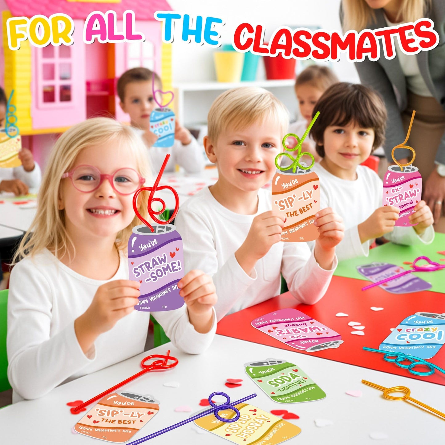 Anvianthor Valentines Day Cards for Kids - 30 Pack Classroom Straw Gift Set
