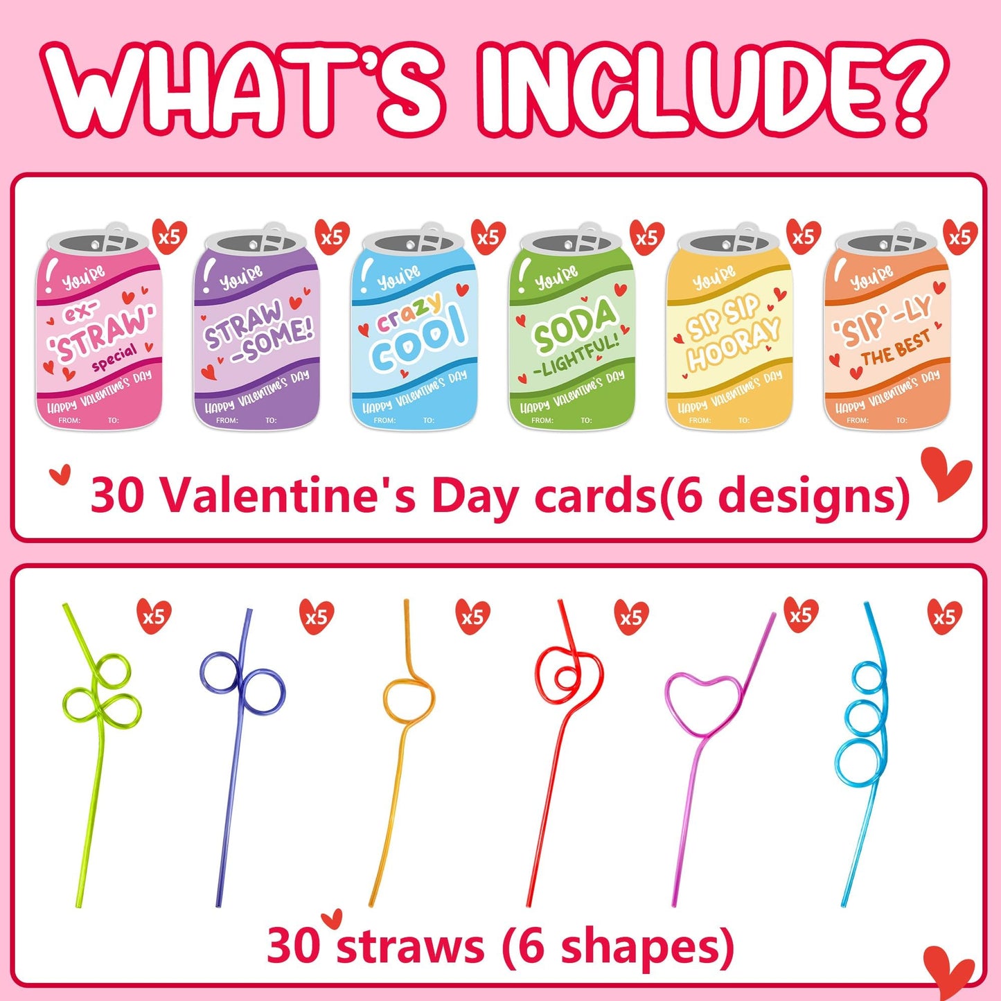 Anvianthor Valentines Day Cards for Kids - 30 Pack Classroom Straw Gift Set