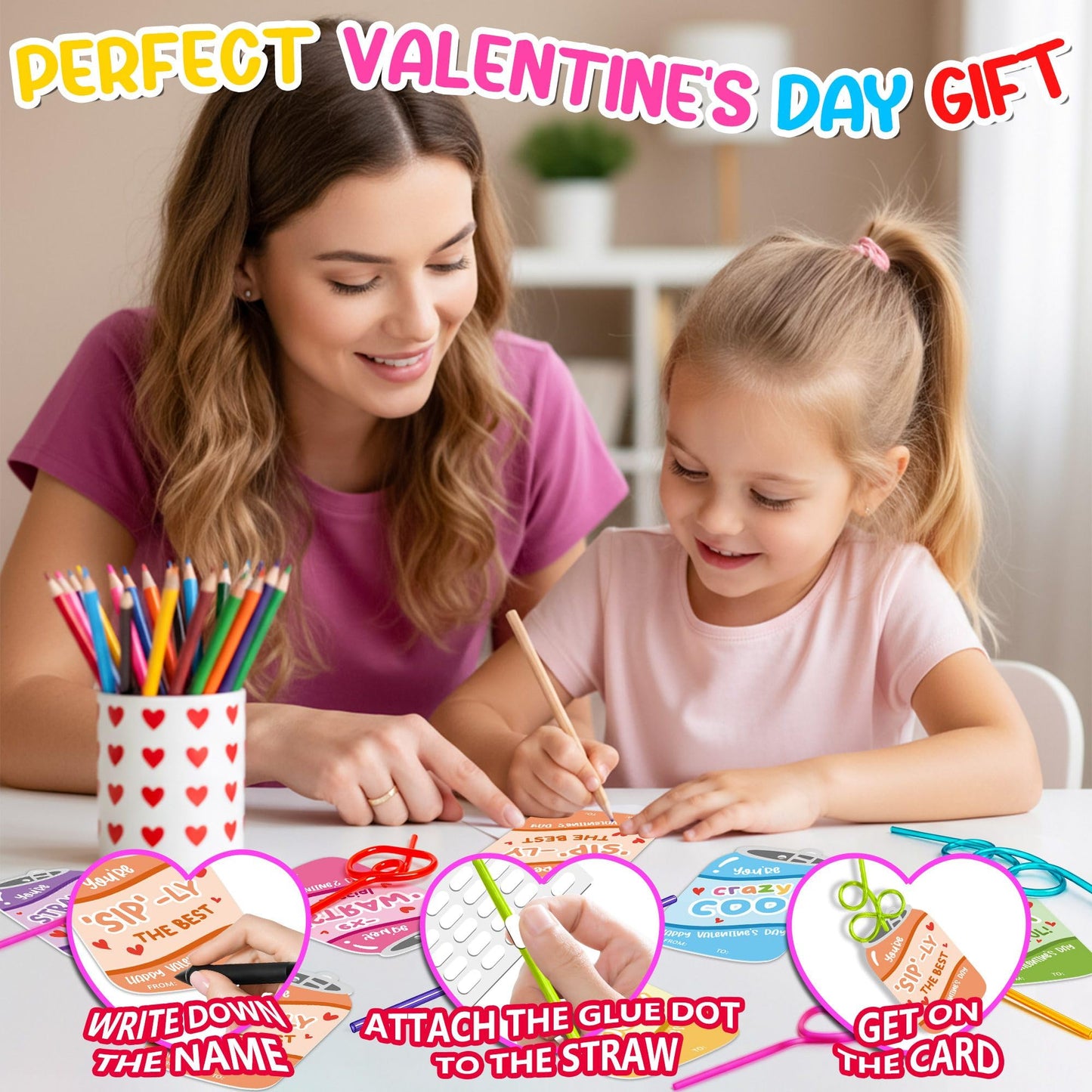 Anvianthor Valentines Day Cards for Kids - 30 Pack Classroom Straw Gift Set