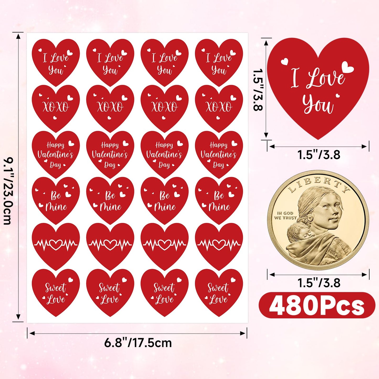 Anwyll Valentines Day Heart Stickers – 480 Pcs, 1.5-Inch Red I Love You Stickers for Envelopes, Cards & Gifts