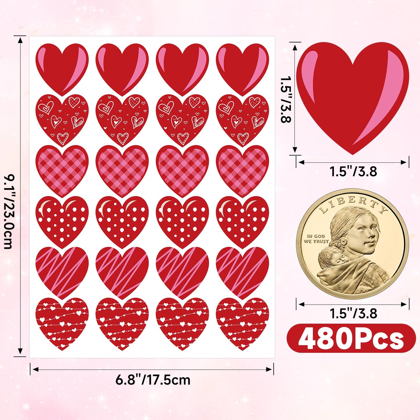 Anwyll Heart Stickers | 480 Pcs, 1.5-Inch Valentines Day Gift Labels for Cards, Envelopes & Gifts
