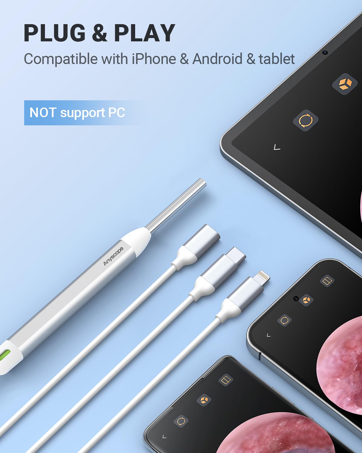 AnyScope HD Digital Otoscope — Ear Camera with Light, iPhone & Android Compatible (Silver)
