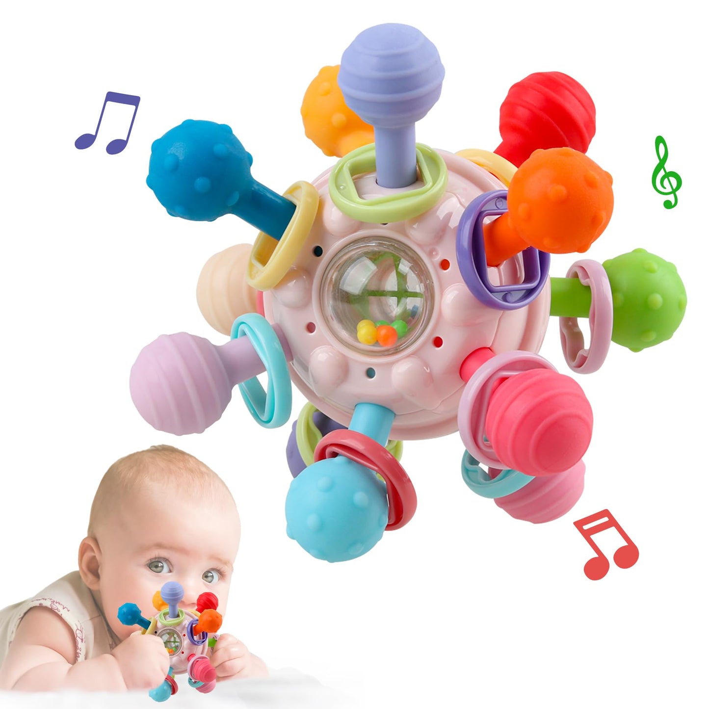 Anzimo Baby Sensory Teething Toys – Teether & Rattle for 0-18 Months (Pink)