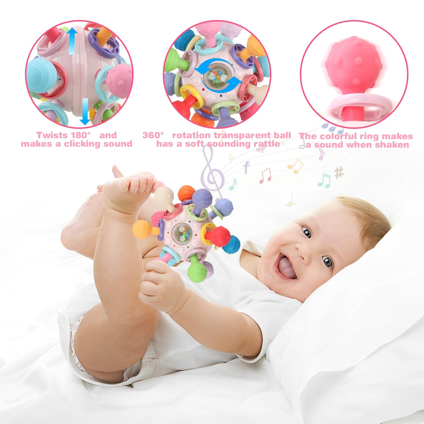 Anzimo Baby Sensory Teething Toys – Teether & Rattle for 0-18 Months (Pink)