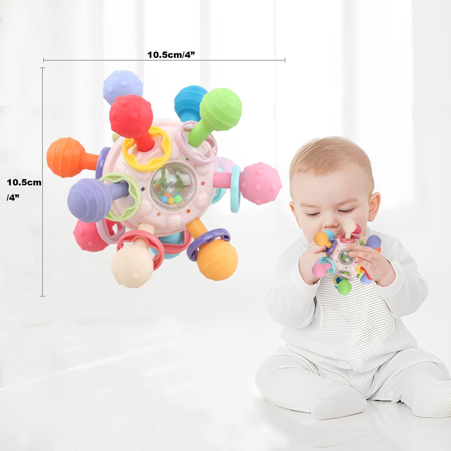 Anzimo Baby Sensory Teething Toys – Teether & Rattle for 0-18 Months (Pink)
