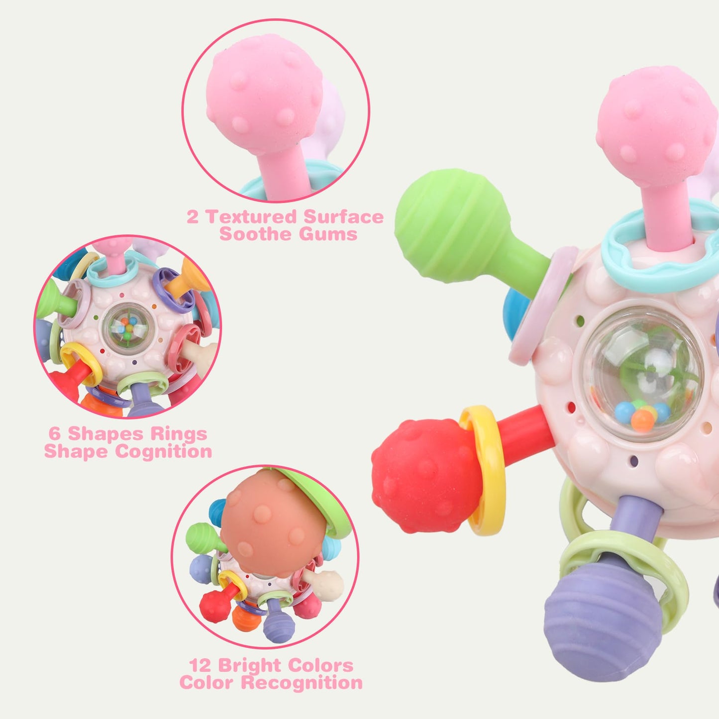 Anzimo Baby Sensory Teething Toys – Teether & Rattle for 0-18 Months (Pink)