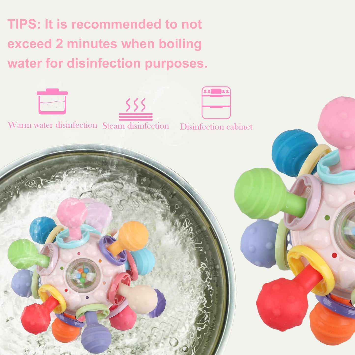 Anzimo Baby Sensory Teething Toys – Teether & Rattle for 0-18 Months (Pink)