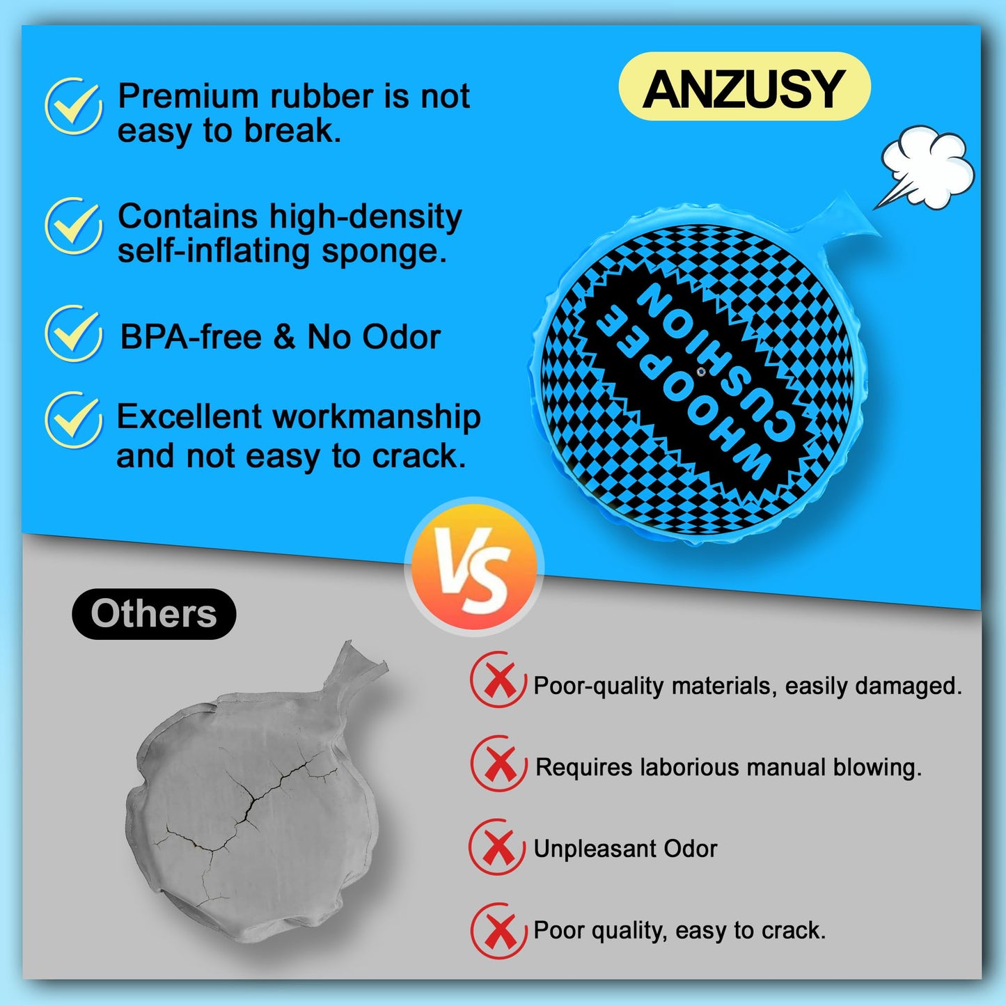 ANZUSY 9-Inch Self-Inflating Whoopie Cushion – Fun Prank Pillow Gift